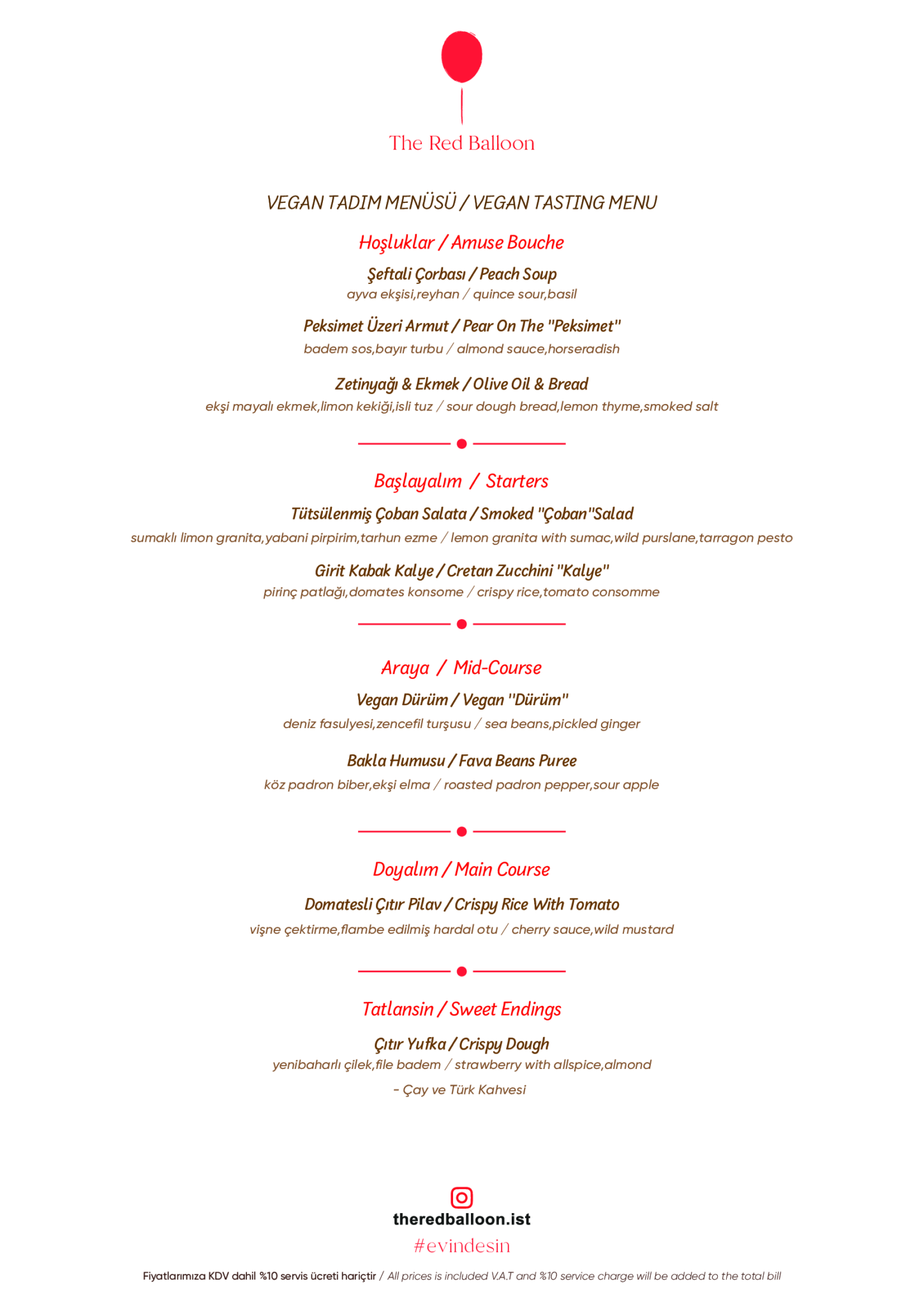 Menu The Red Balloon Restaurant