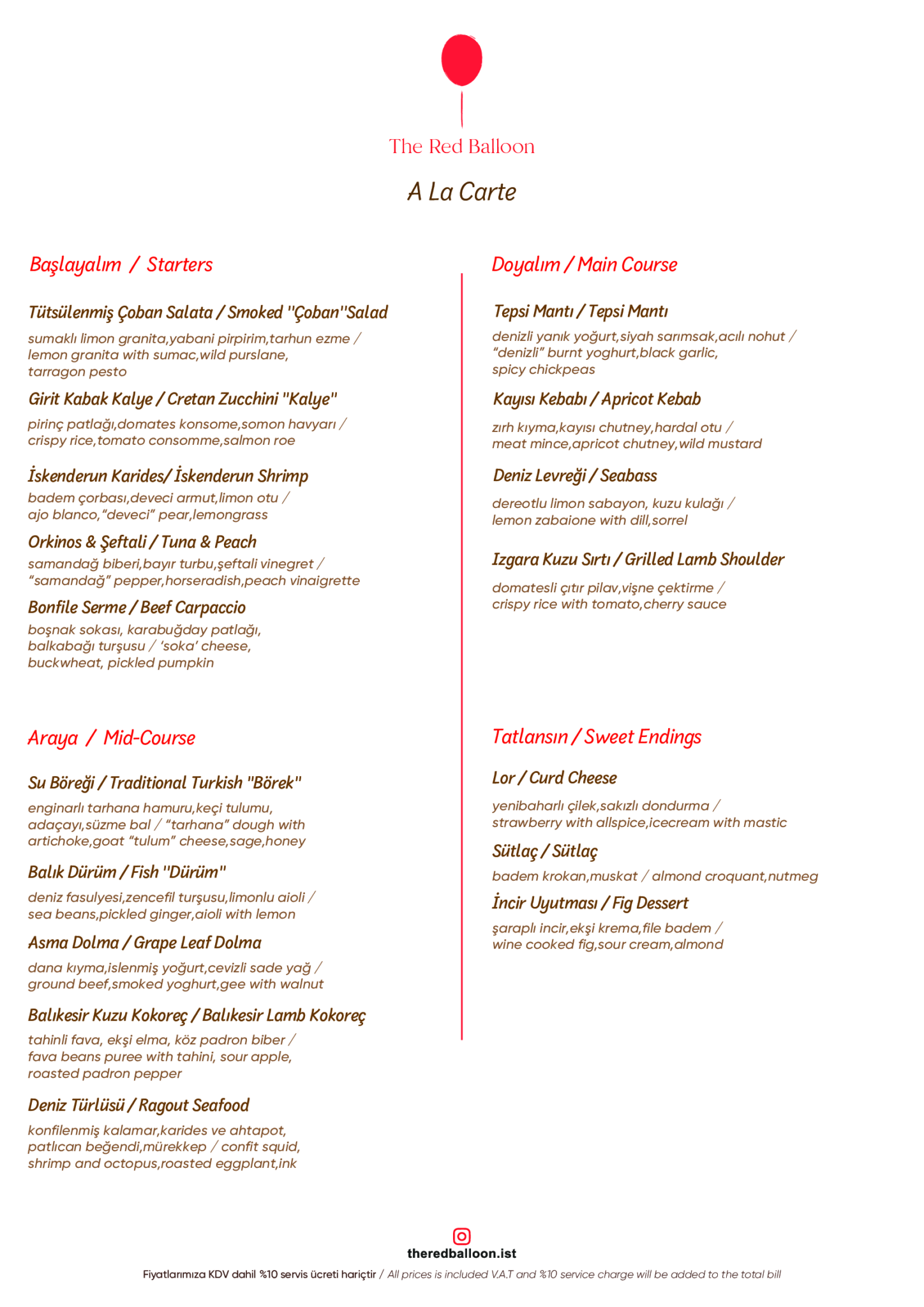 Menu The Red Balloon Restaurant